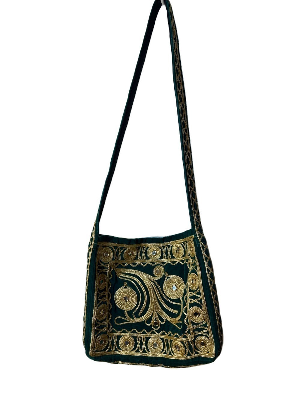 Embroidered Green Velvet crossbody Shoulder Bag with Gold Mirror Thread Accents